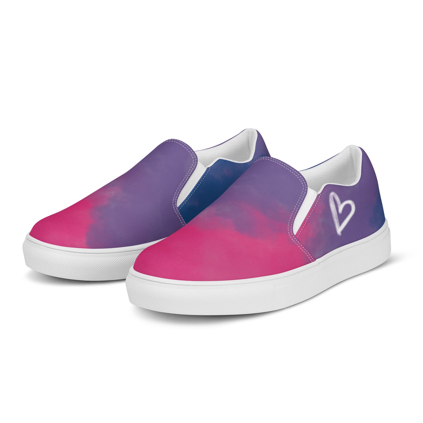 Left front view: a pair of slip on shoes with color block pink, purple, and blue clouds, a white hand drawn heart, and the Aras Sivad logo on the back.