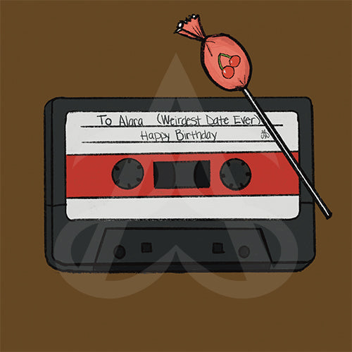 Alara's sticker preview, a cherry lollipop on a mix tape marked "To Alara (weirdest date ever). Happy birthday".