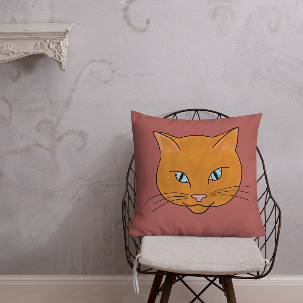A square pillow with a salmon pink background and an orange illustrated cat face sits on a chair.