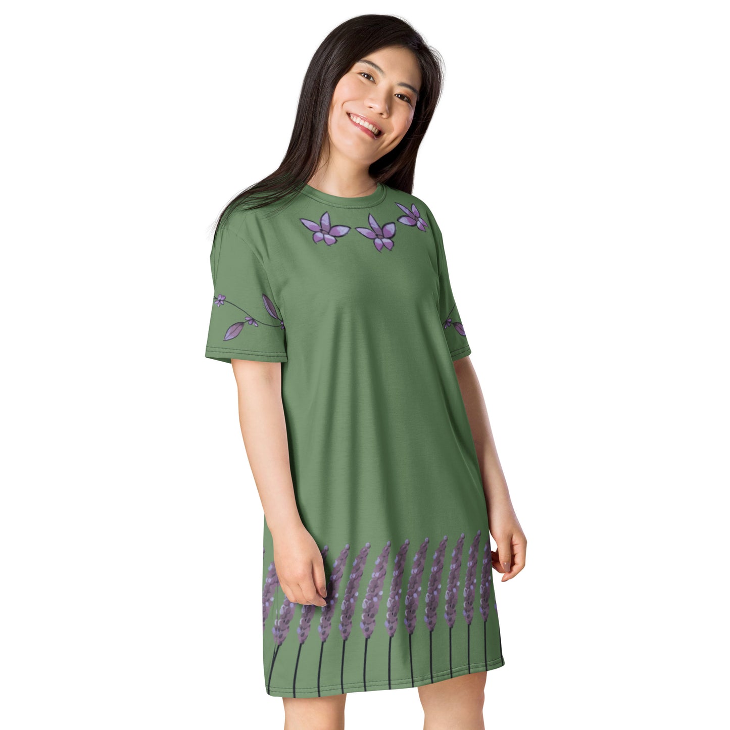 A model wears the Lavender Dreams T-shirt dress.