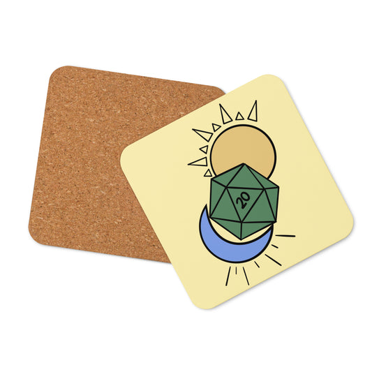 A coaster with an illustration of a green D20 between a sun and a crescent moon on a yellow background by Aras Sivad sits with a second coaster turned over to show the cork backing.