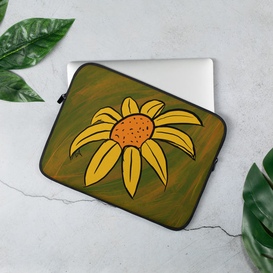 A laptop sleeve with a sketchy lined sunflower on a green and orange tonal background.