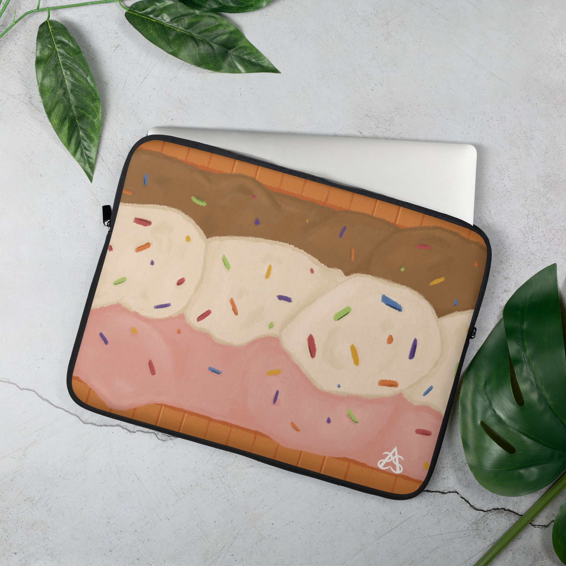 A laptop sleeve with a design of a Neapolitan ice cream sundae in a waffle cone with rainbow sprinkles.