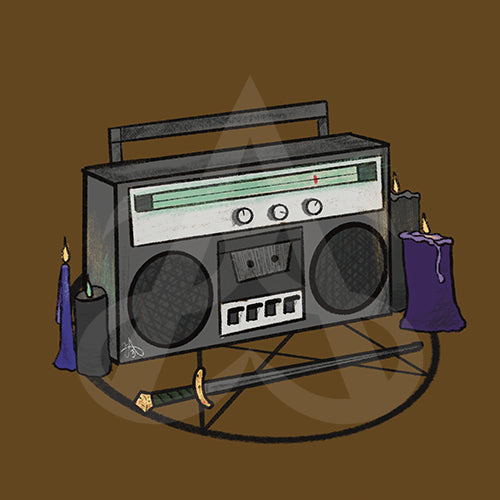 A close up of Mac's ritual sticker with a boombox sitting in a pentagram with a small sword toy and candles, a green glow to one candle and the tuning light on the boombox.