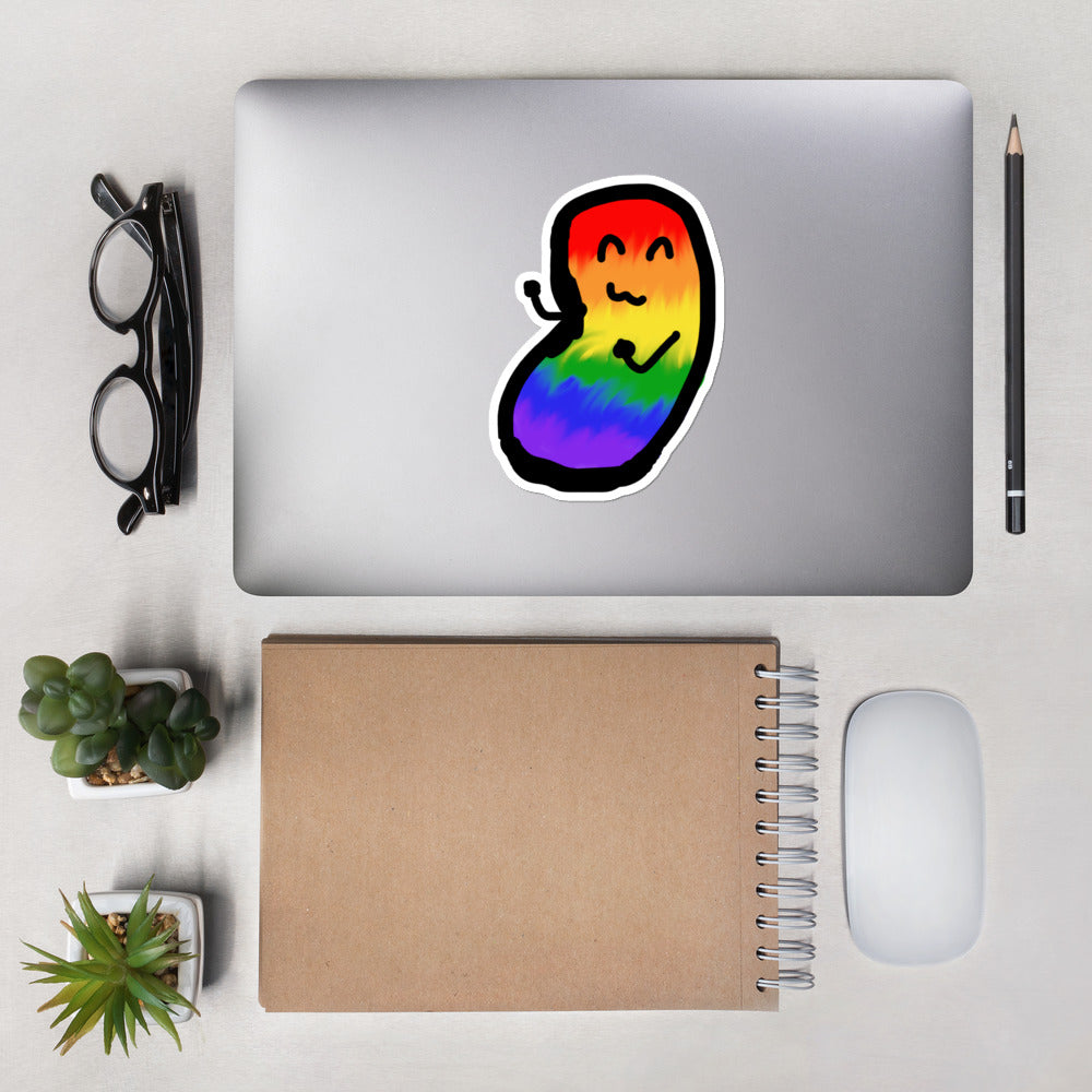 A rainbow kidney bean has a happy expression and has been turned into a sticker!