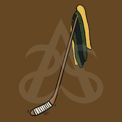 A preview of the sticker for Ojas, a green and gold letterman jacket hanging on the handle of a well used hockey stick going "brr".