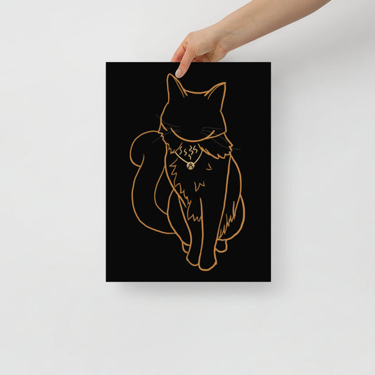 A hand holds a 12" by 16" poster with the line art drawing of Rufus the cat by Aras Sivad.