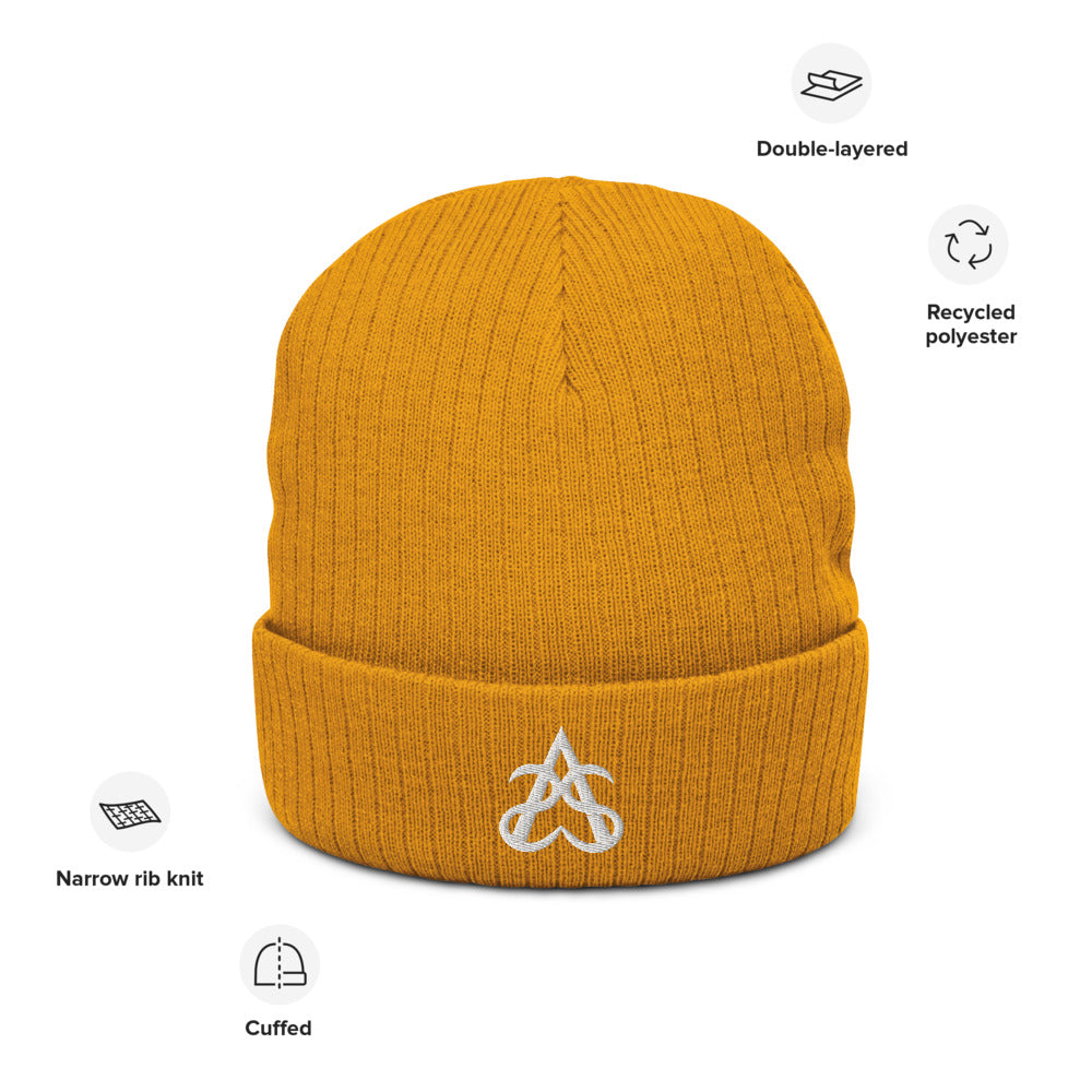 A picture of the mustard rib knit beanie with the Aras Sivad Studios logo on the cuff. Pictures around show features as listed in the main listing.