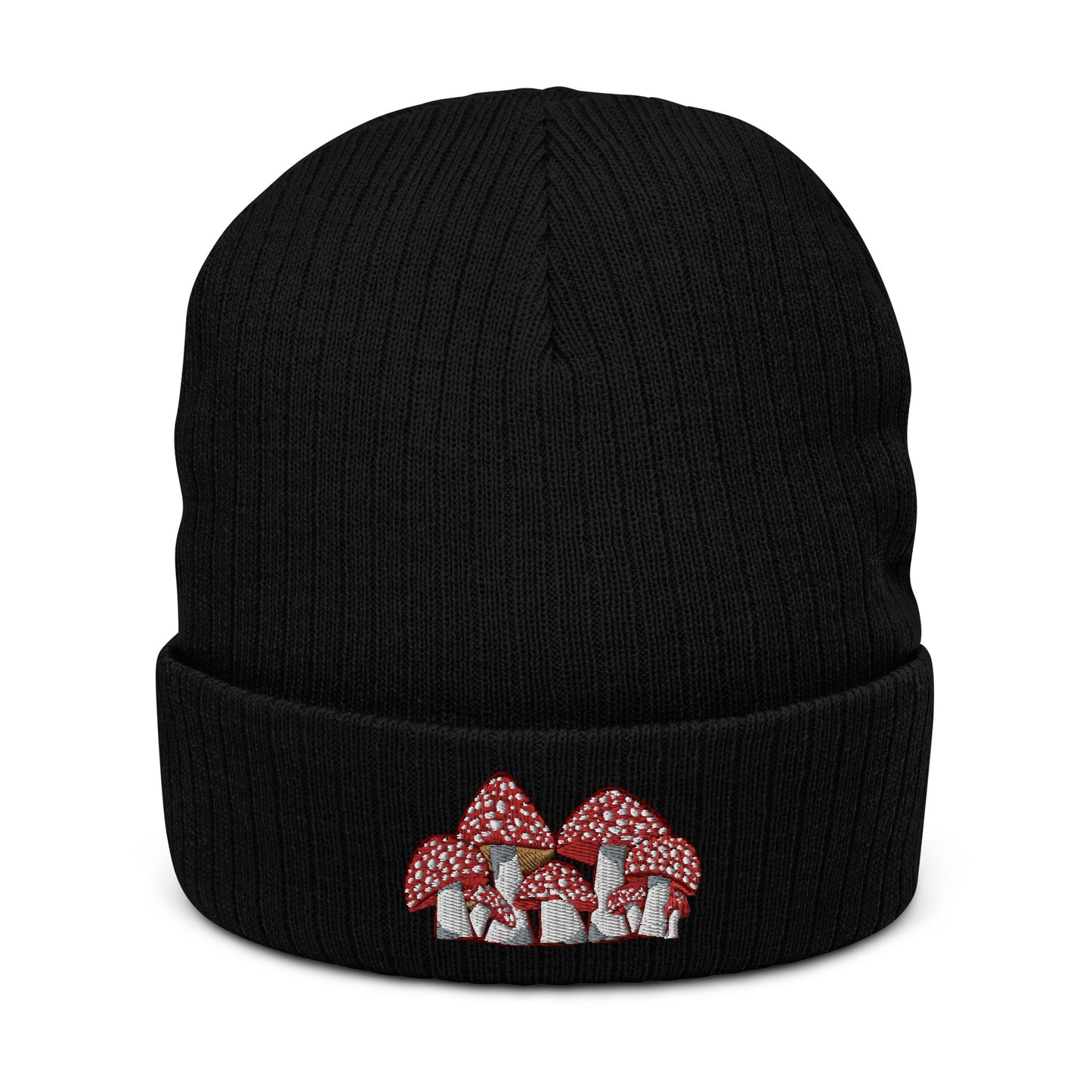 A black ribbed knit beanie has an embroidery of Fly Agaric mushrooms on the front.