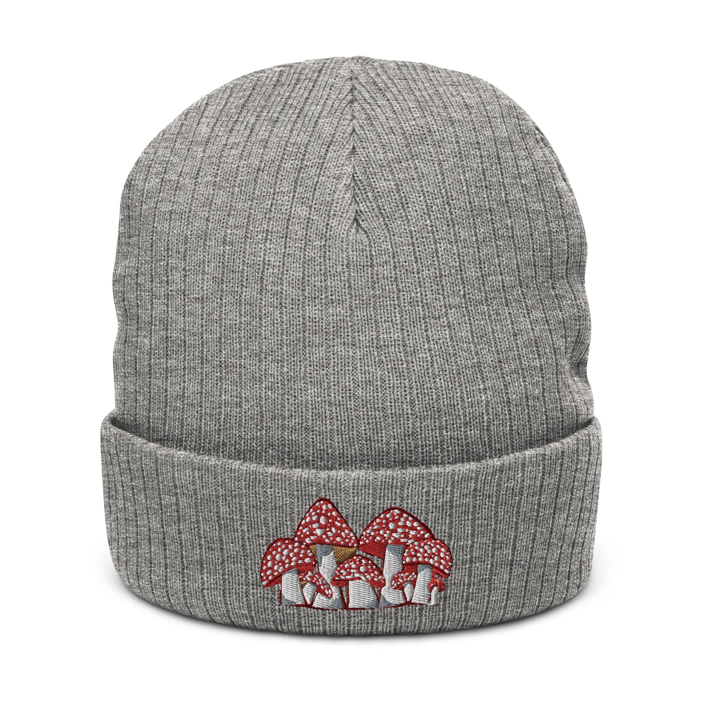 A grey ribbed knit beanie has an embroidery of Fly Agaric mushrooms on the front.