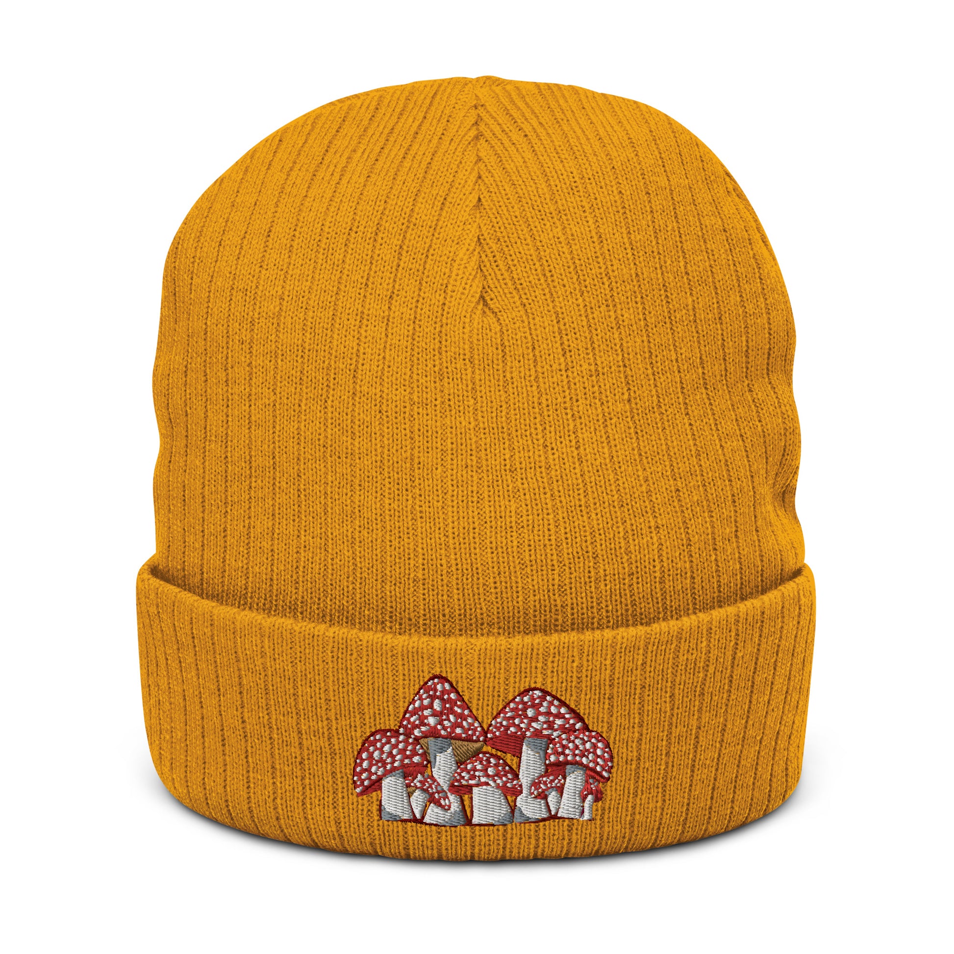 A mustard yellow ribbed knit beanie has an embroidery of Fly Agaric mushrooms on the front.