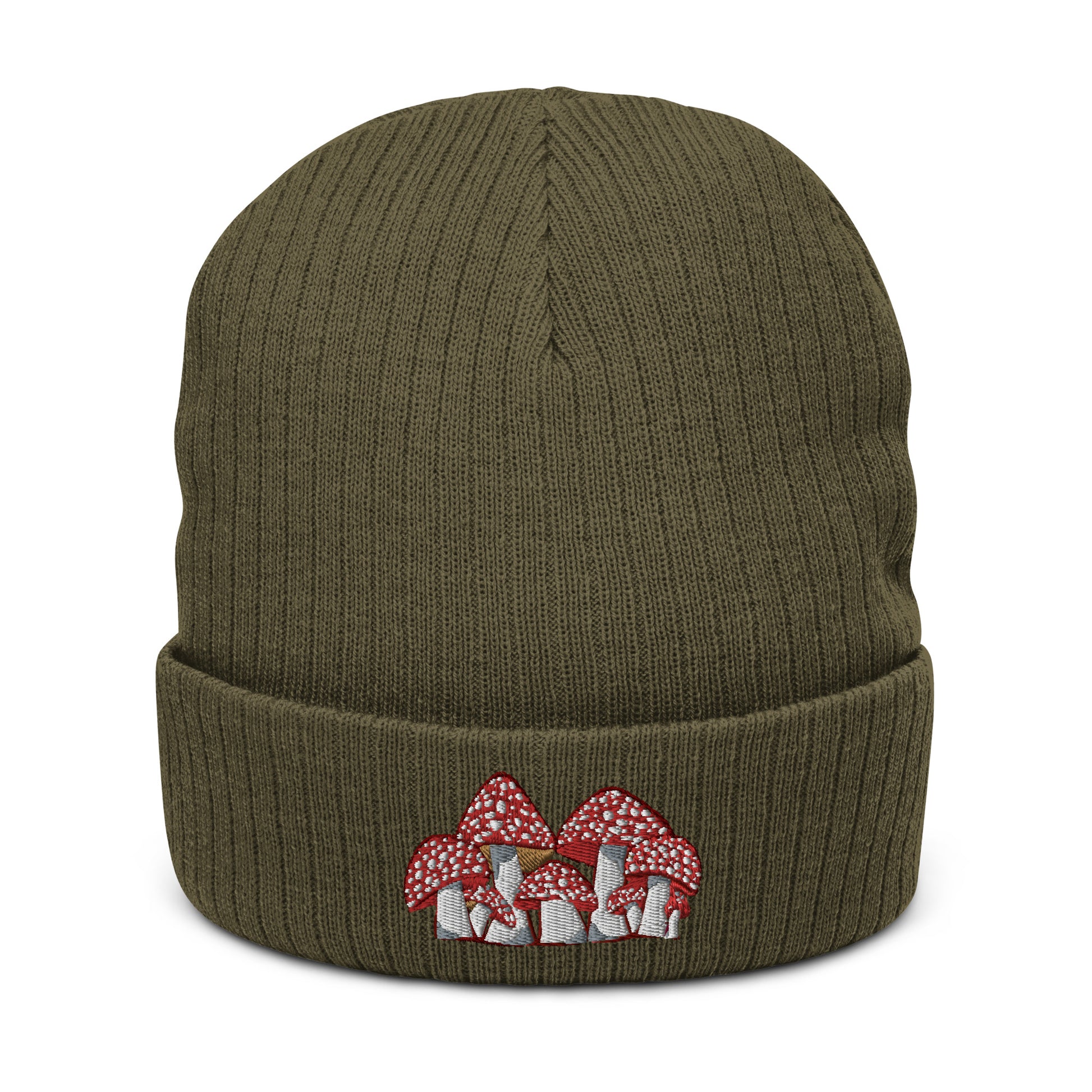An olive green ribbed knit beanie has an embroidery of Fly Agaric mushrooms on the front.