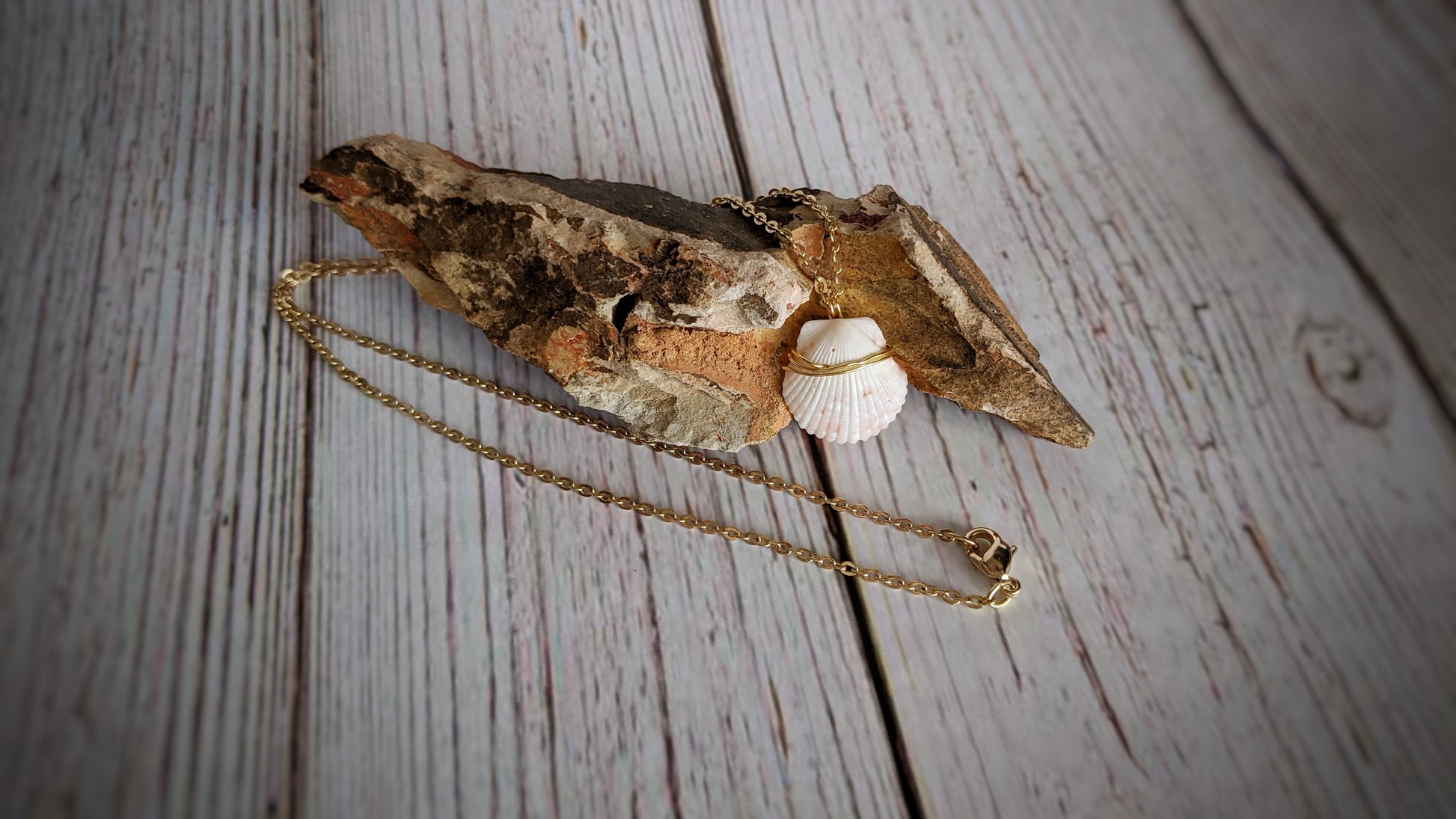 A gold necklace with a natural sea shell wrapped with gold wire sits draped around a multi color rock.