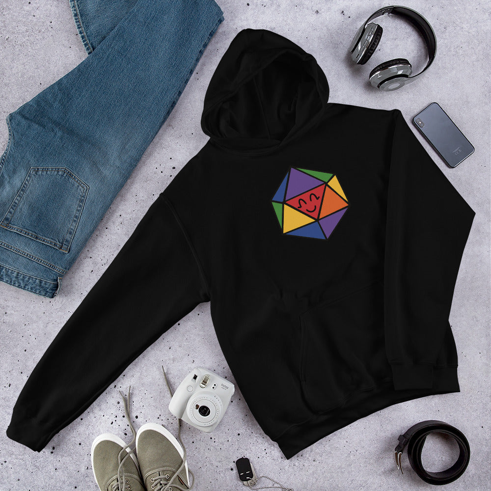 A pullover hoodie in black with a rainbow D20 illustration site with a generic outfit.