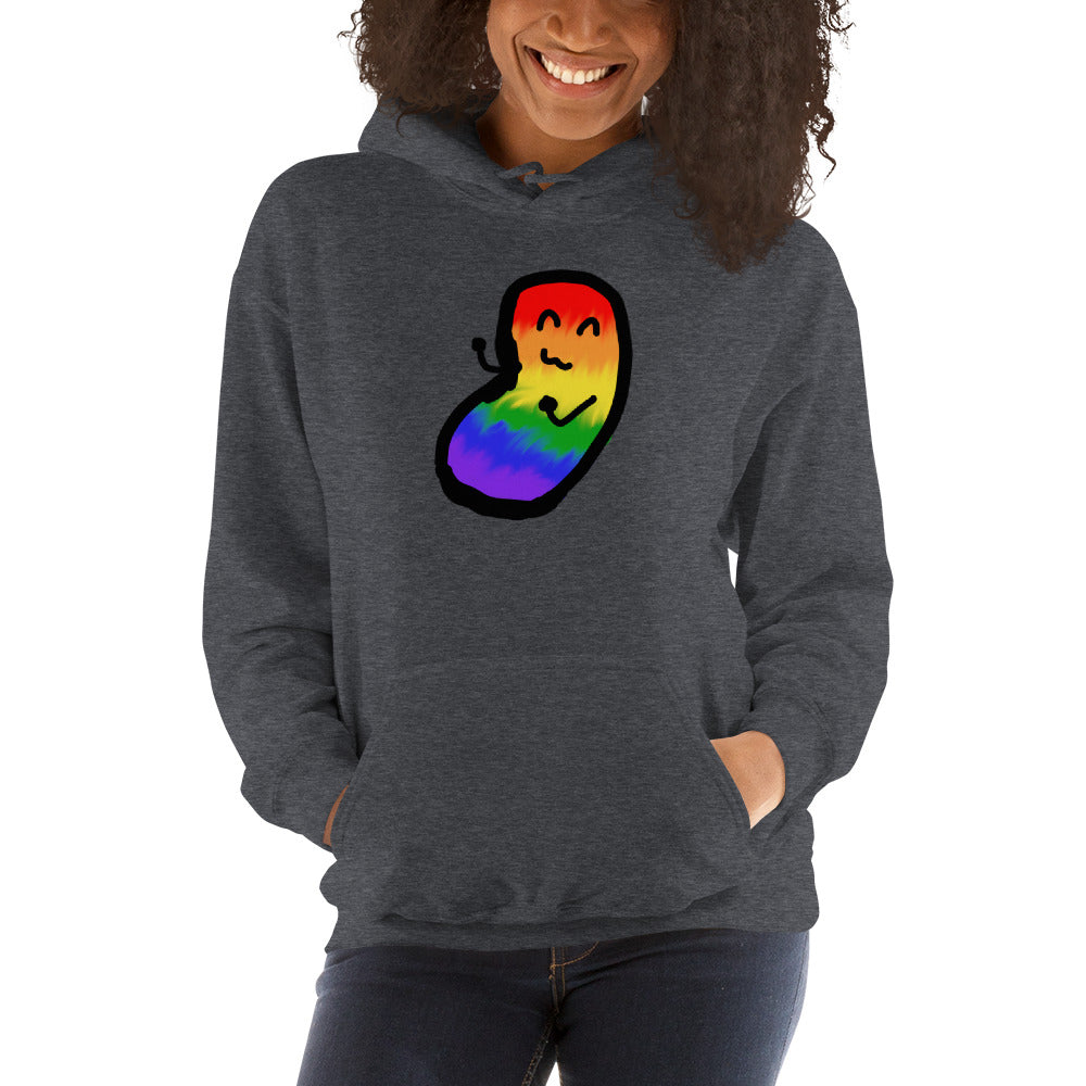 A model wears a grey pullover hoodie with a rainbow chaos bean on it.