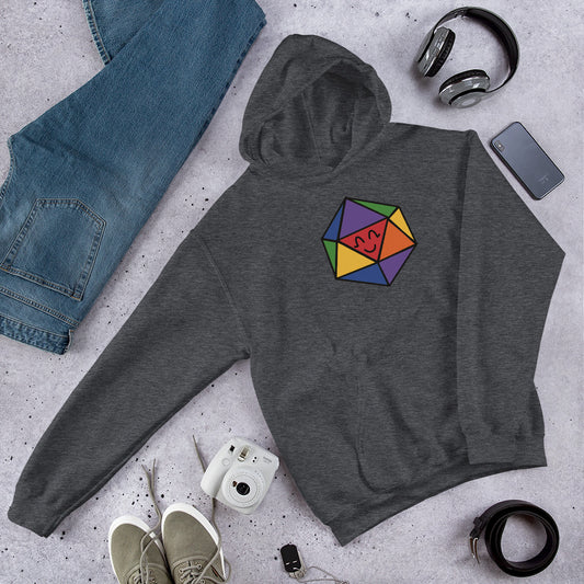 A pullover hoodie in dark grey with a rainbow D20 illustration site with a generic outfit.