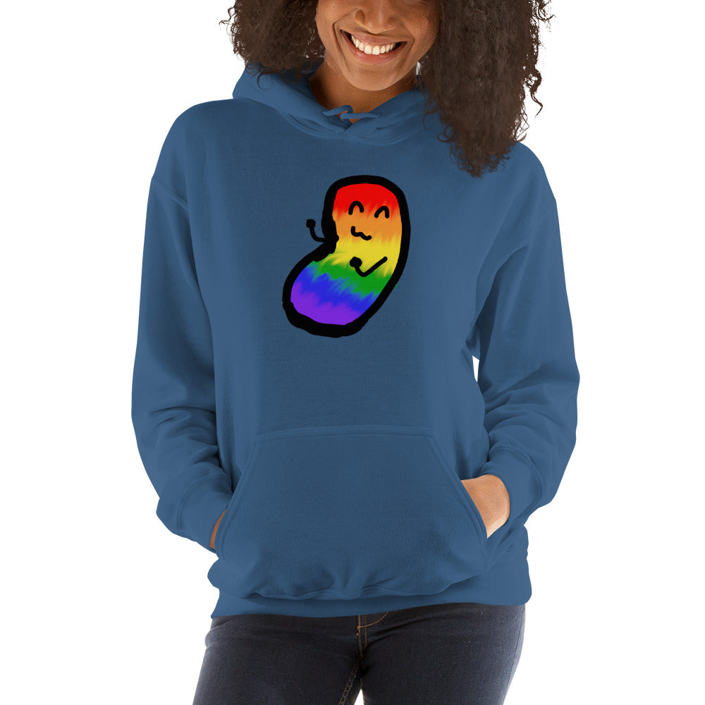 A model wears a blue pullover hoodie with a rainbow chaos bean on it.