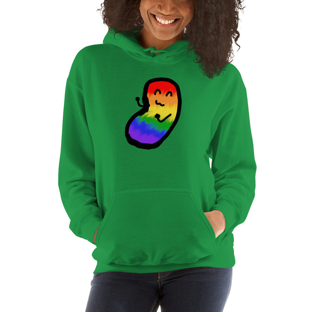 A model wears a green pullover hoodie with a rainbow chaos bean on it.