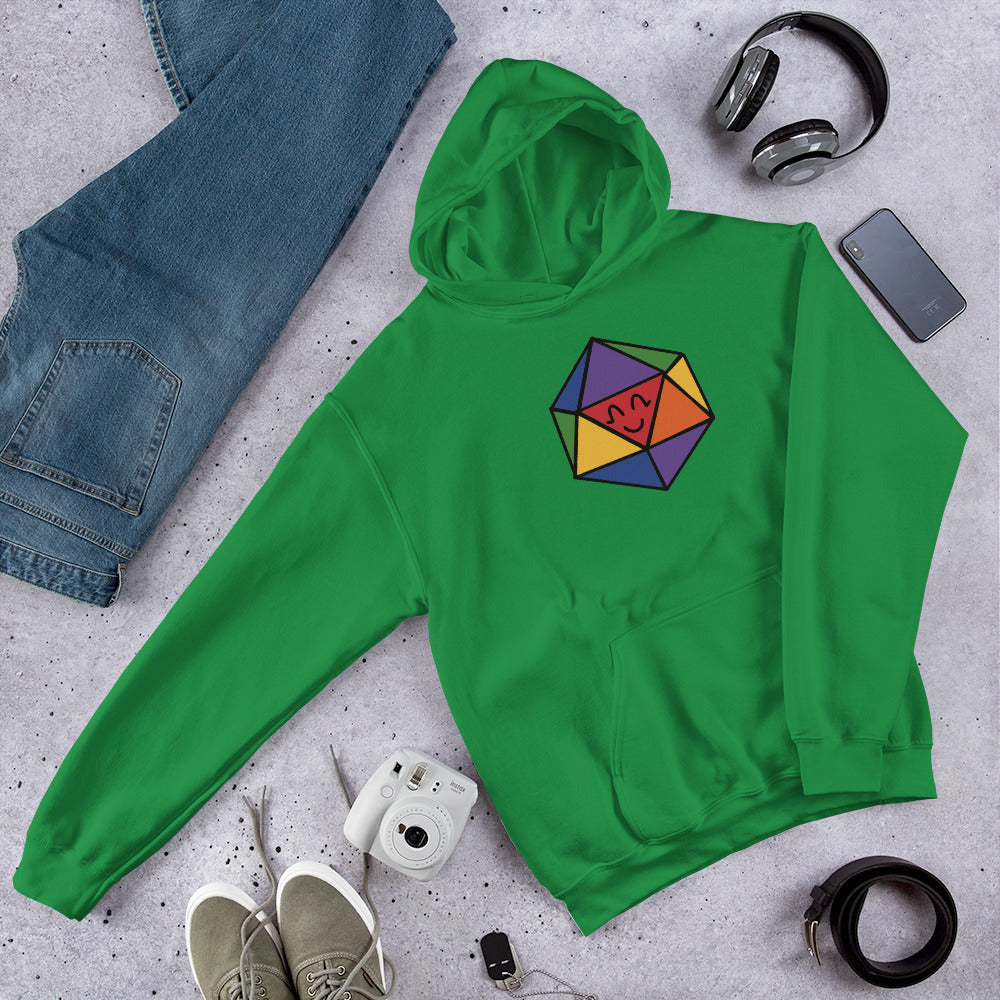 A pullover hoodie in green with a rainbow D20 illustration site with a generic outfit.