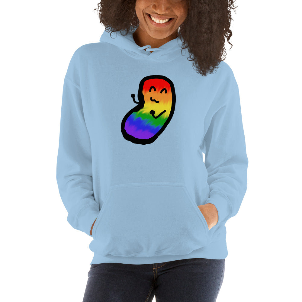 A model wears a light blue pullover hoodie with a rainbow chaos bean on it.