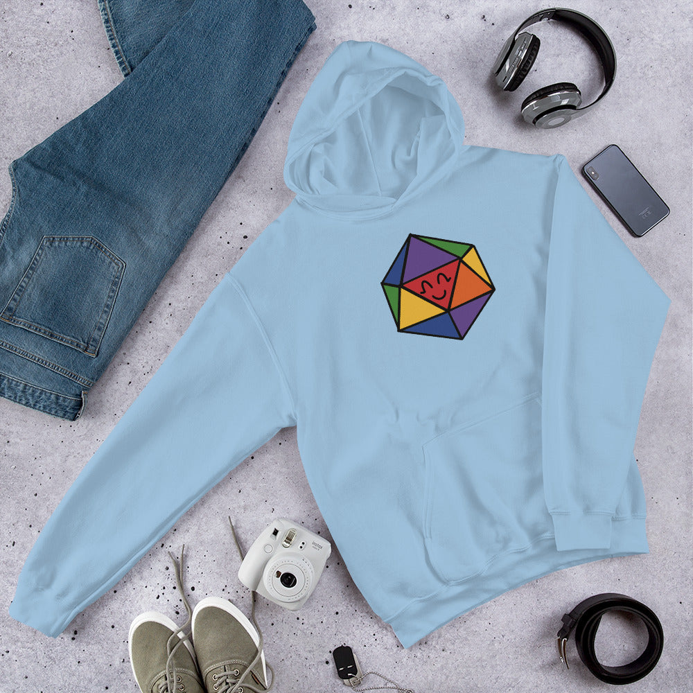 A pullover hoodie in light blue with a rainbow D20 illustration site with a generic outfit.