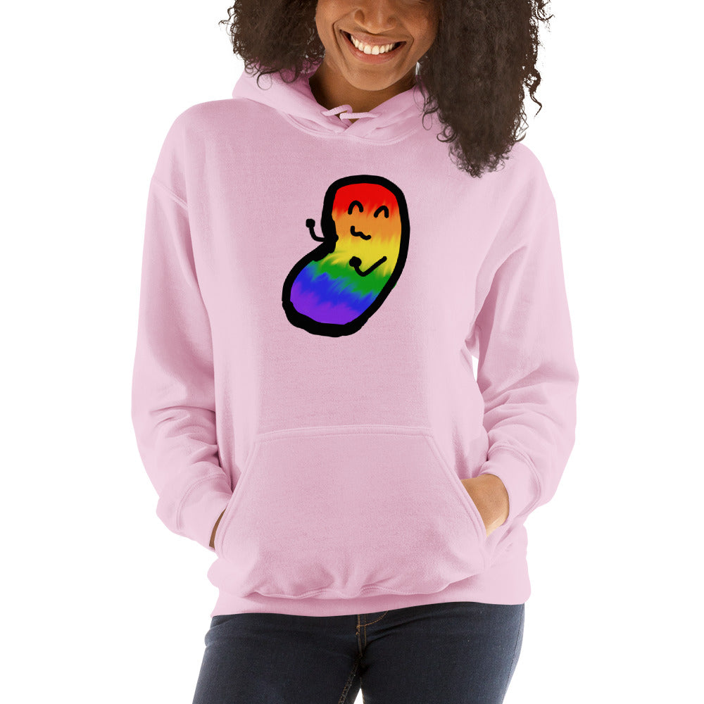 A model wears a pink pullover hoodie with a rainbow chaos bean on it.