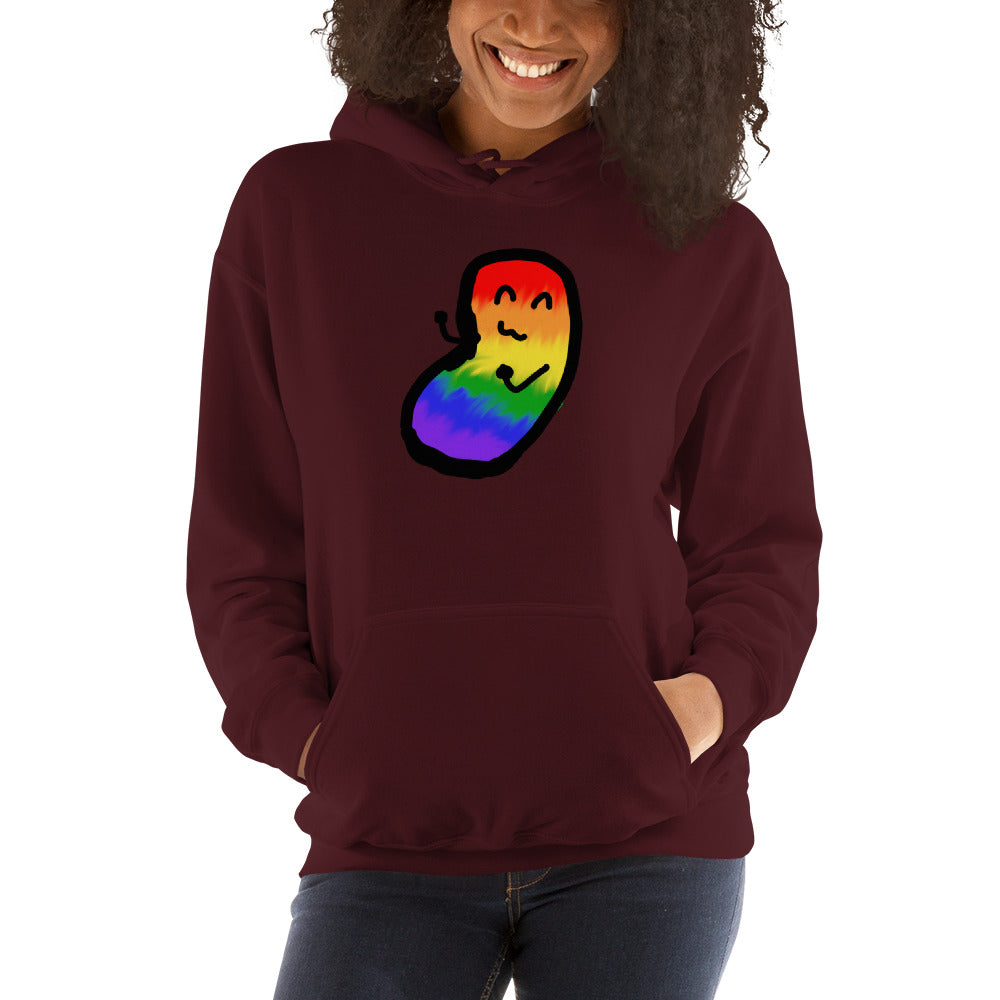 A model wears a maroon pullover hoodie with a rainbow chaos bean on it.