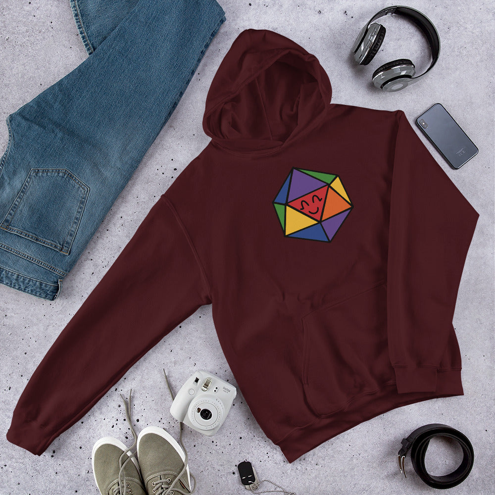 A pullover hoodie in maroon with a rainbow D20 illustration site with a generic outfit.