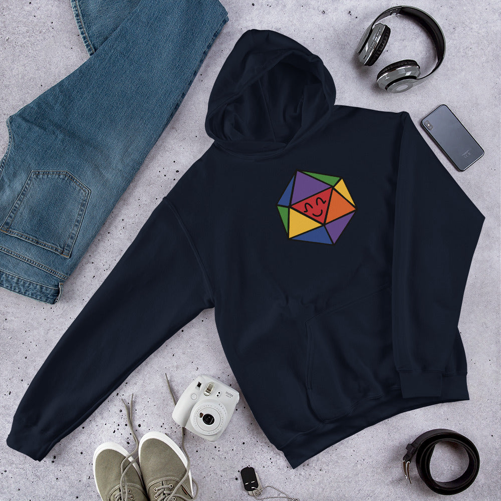 A pullover hoodie in dark blue with a rainbow D20 illustration site with a generic outfit.