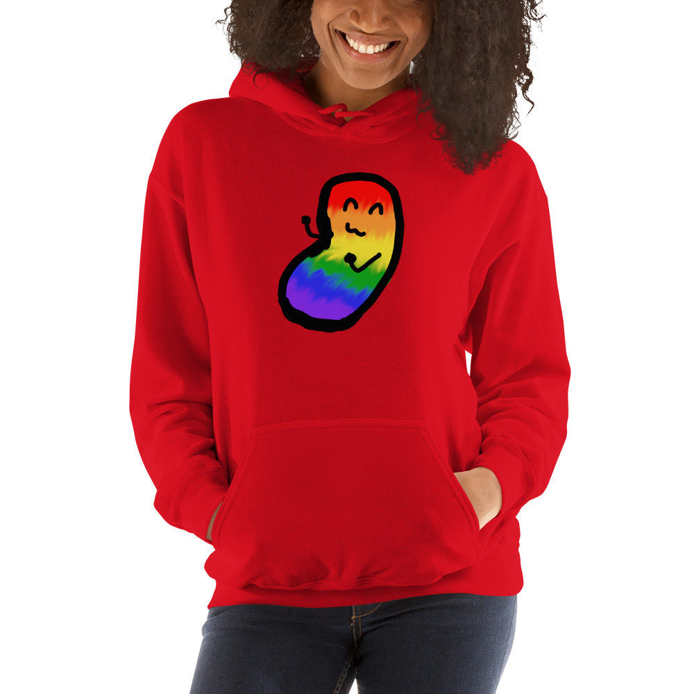 A model wears a red pullover hoodie with a rainbow chaos bean on it.