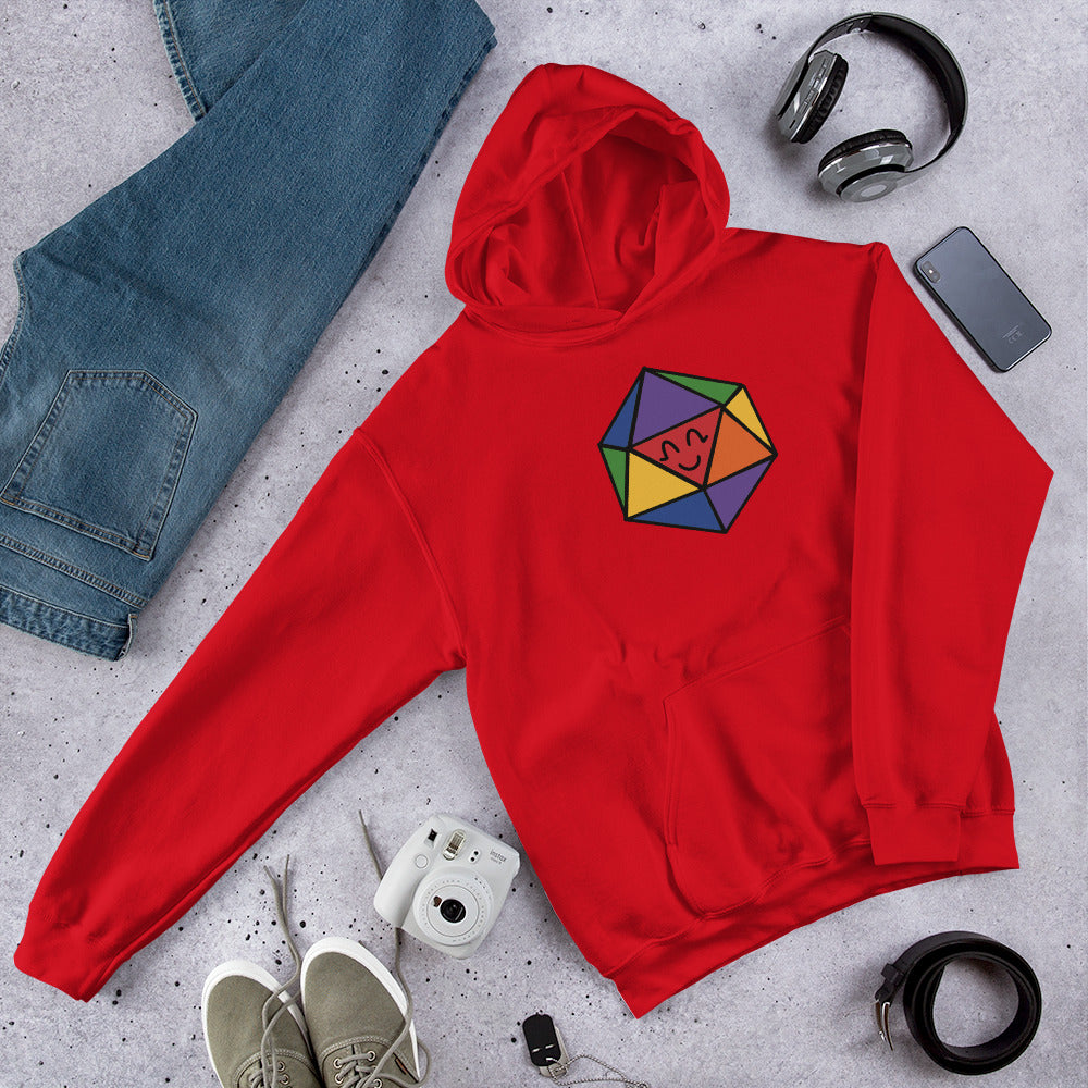 A pullover hoodie in red with a rainbow D20 illustration site with a generic outfit.