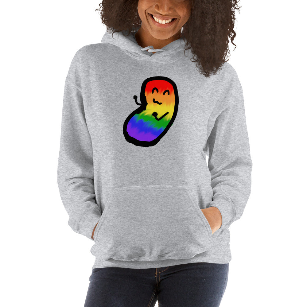 A model wears a light grey pullover hoodie with a rainbow chaos bean on it.