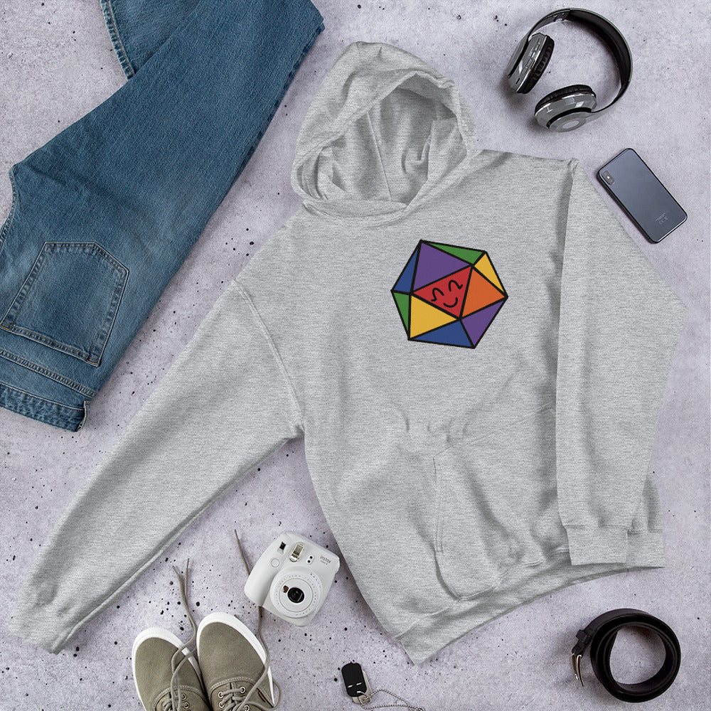 A pullover hoodie in light grey with a rainbow D20 illustration site with a generic outfit.