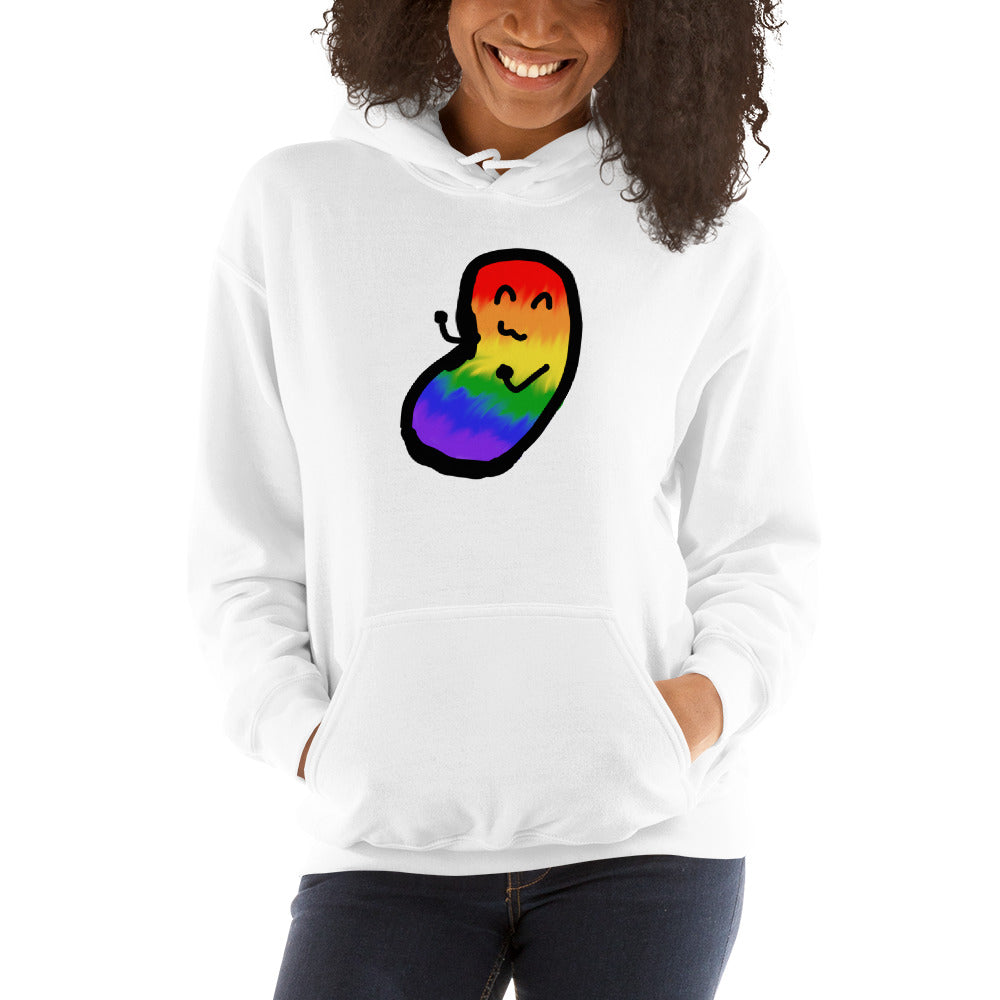 A model wears the white hoodie with a rainbow chaos bean on it.