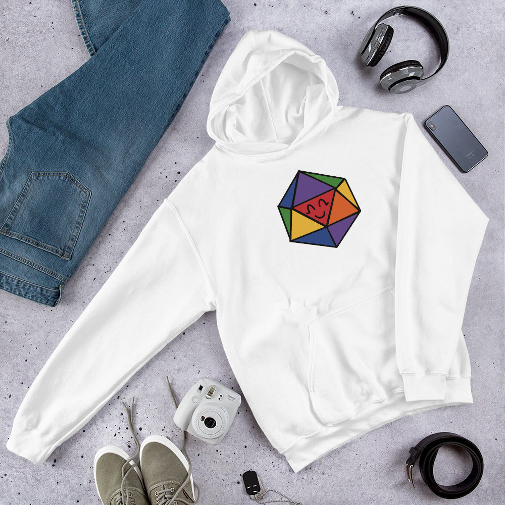 A pullover hoodie in white with a rainbow D20 illustration site with a generic outfit.